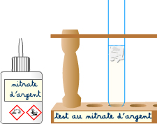 test de l'ion chorure avec le nitrate d'argent - positif si un précipité blanc se forme qui noicit à la lumière